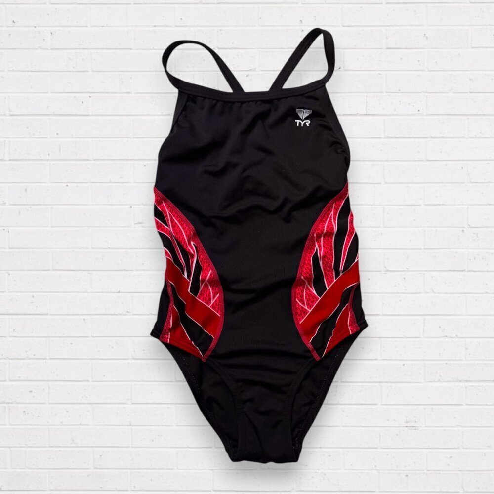 TYR Durafast Elite Red Swirl Black Diamondfit Swimsuit Phoenix Splice Size 28